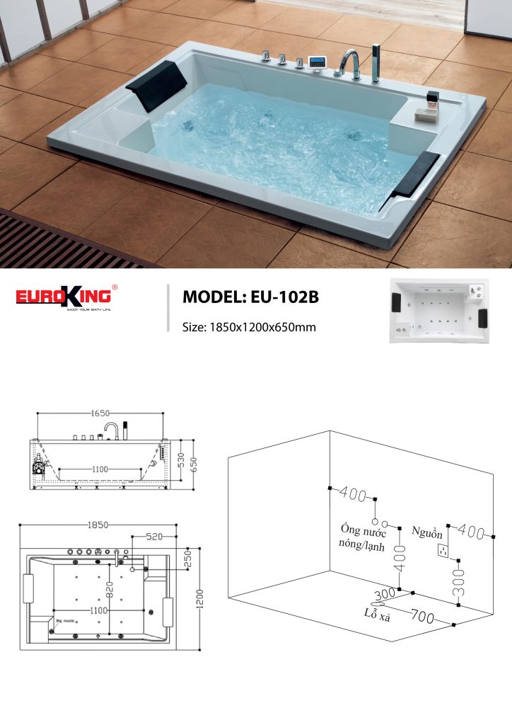 Bản vẽ sơ đồ kỹ thuật bồn tắm massage EU - 102B