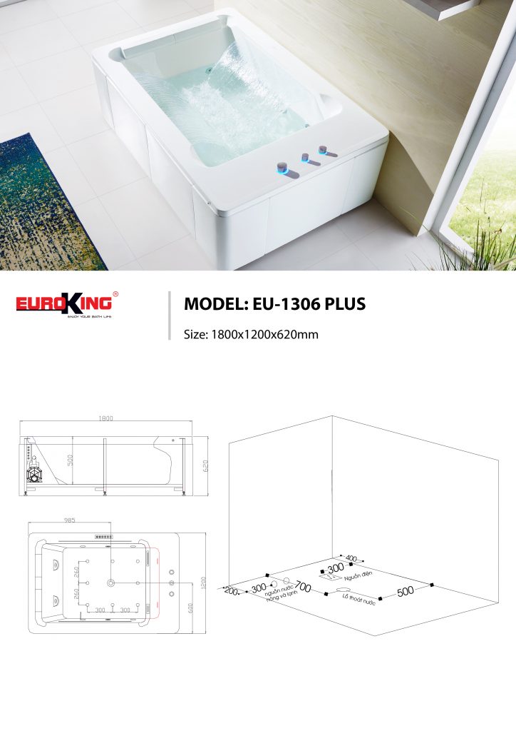 Bản vẽ kỹ thuật bồn tắm massage EU-1306 PLUS