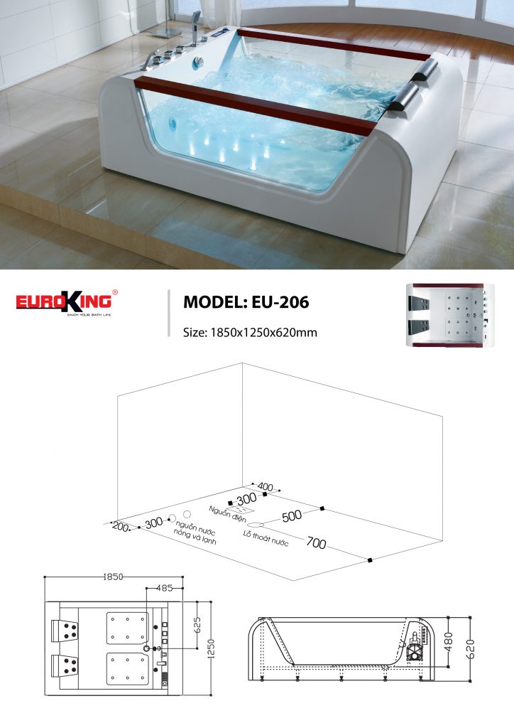 Bản vẽ sơ đồ kỹ thuật bồn tắm massage EU - 206