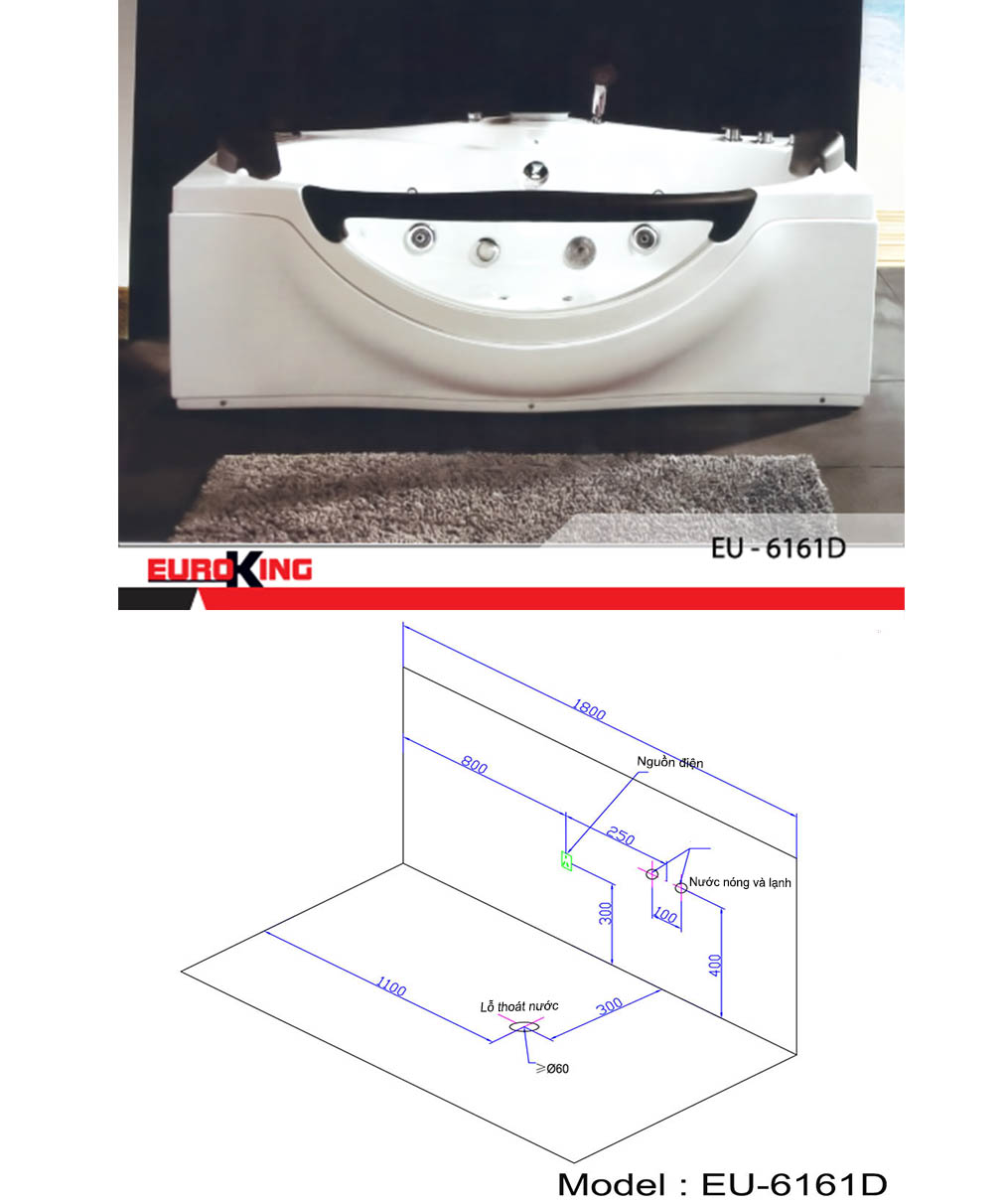 Bản vẽ kỹ thuật của bồn tắm massage EU-6161D