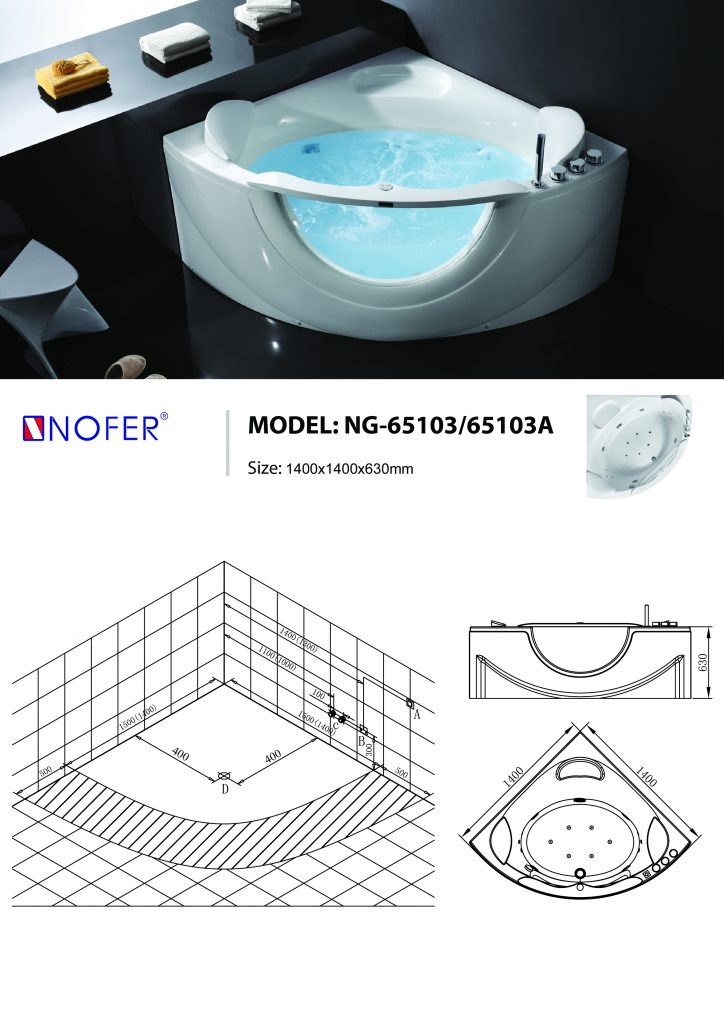 Bản vẽ sơ đồ kỹ thuật bồn tắm massage NG-65103/ 65103A